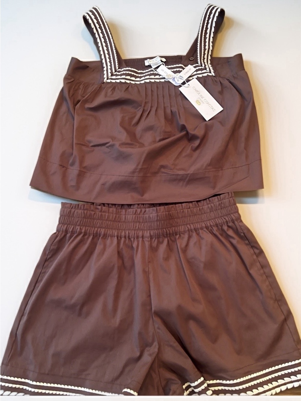 Brown Two-Piece Sleeveless Crop top + Shorts Set with White Trim - Picture 4 of 11